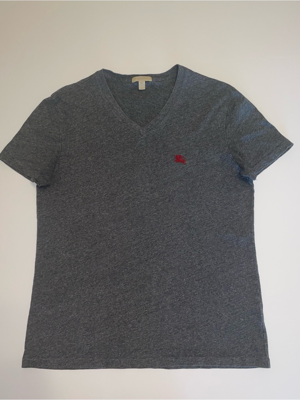 Burberry Brit Mens V-Neck T-Shirt Charcoal Gray Heather Red EKD Logo Cotton L
